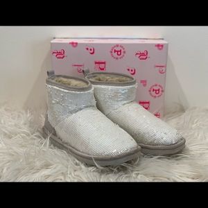 PINK booties. Faux Fur lining. White+Sequins. Size 7-8 is what sticker says.